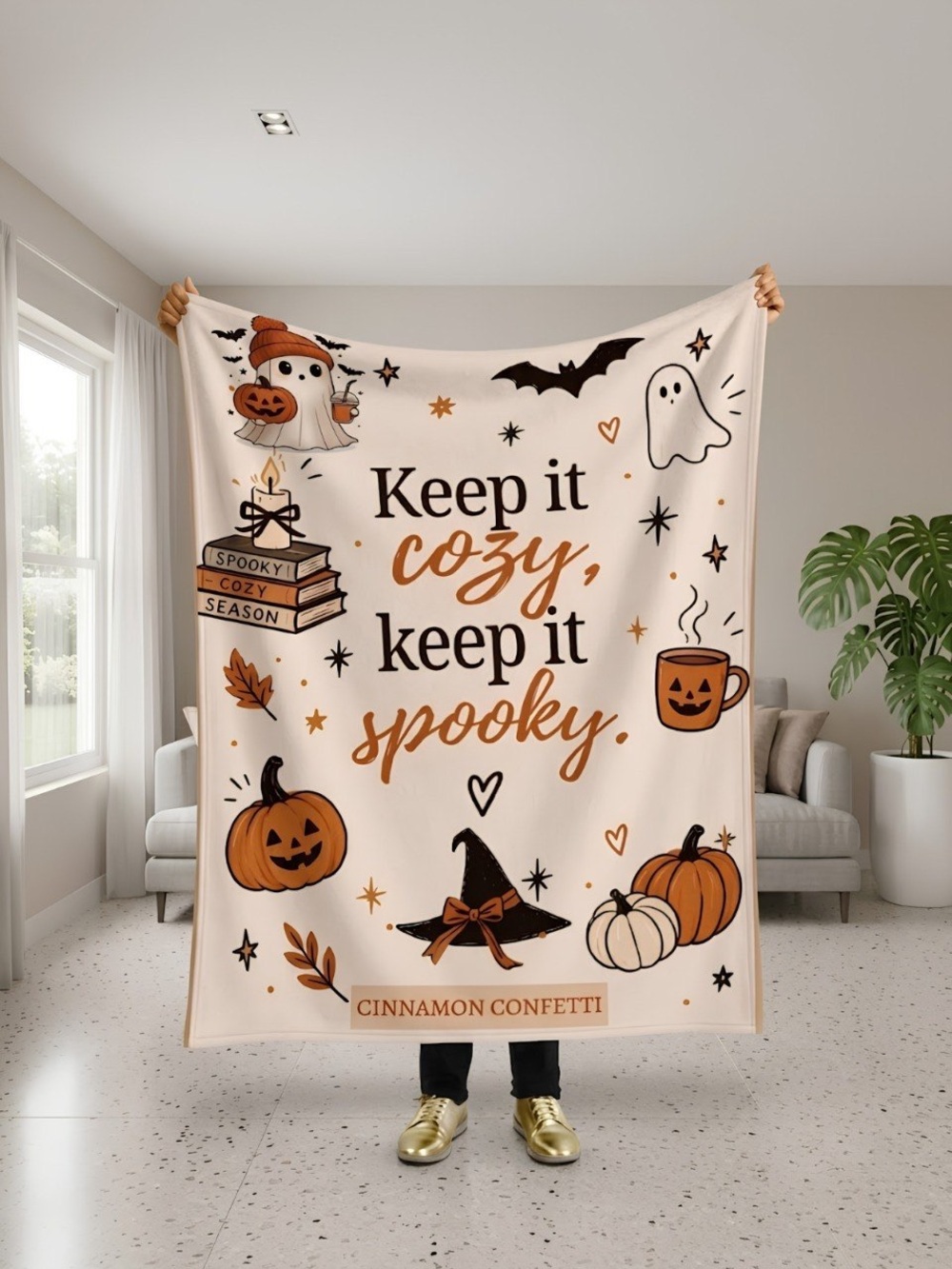 "Keep It Cozy, Keep It Spooky" Halloween Blanket - Cream & Orange
